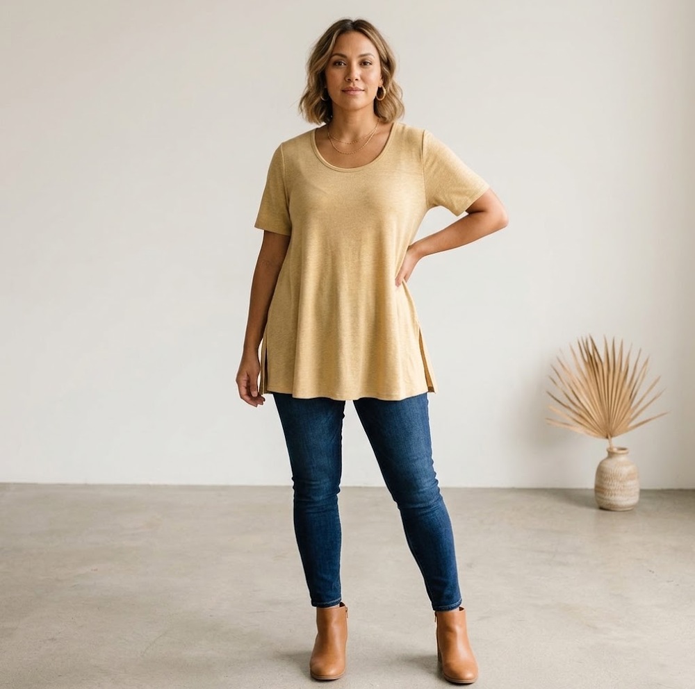 LuLaRoe Perfect T 2XL Heathered Gold Swing Tunic Top Side Slits NWT